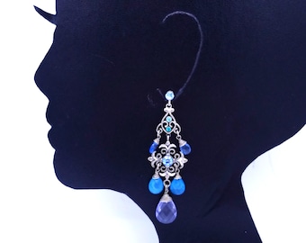 Turquoise & Lavender Glass and Rhinestone Chandelier Dangle Earrings