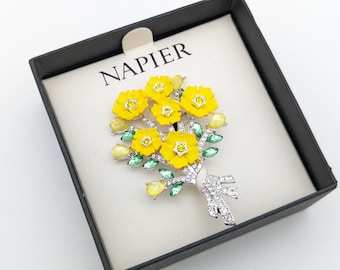 Vintage Enameled Yellow Floral & Rhinestone Bouquet Brooch Signed Napier in Original Box