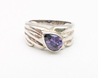 Vintage Amethyst CZ & Sterling Silver Solitaire Ring - Size 6.75