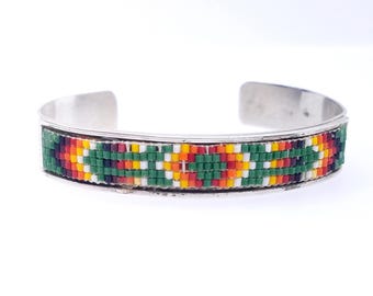 Beaded Sterling Silver Navajo Cuff Bracelet Signed OO