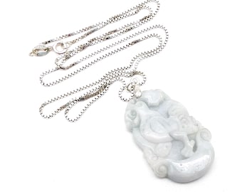 Sterling Silver & Carved Jade Chinese Zodiac Rooster Pendant Necklace - 20"