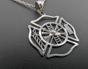 14K White Gold Fireman Shield Pendant Necklace - 18"