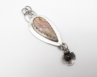 Large Artisan Sterling Silver Crazy Lace Agate & Garnet Pendant - 3.5"