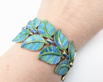 Upcycled Hand Painted Blue & Green Leaf Link Bracelet - 7.25"
