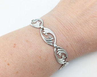 Art Deco Sterling Silver Swirled Link Bracelet Signed W.E. Richards - 7 3/8"
