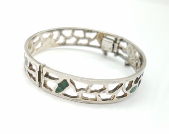 Vintage Old Mexico Signed Sterling Silver & Malachite Hinged Bangle With Safety Chain - 28 grams