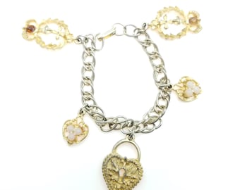 Vintage Silver and Gold Tone Heart Charm Dangle Bracelet