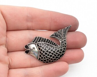 Oxidized Sterling Silver Jumping Fish Brooch - 1.75"