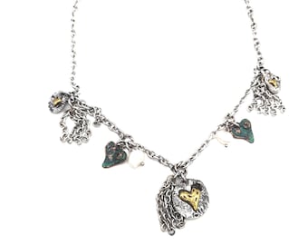 Hearts & Pearls Charm Necklace - 18 -21" Adjustable
