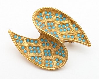 Vintage Kramer 18K Gold Plated Turquoise Blue Rhinestone Modernist Brooch