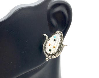 Sterling Silver Zuni Carved Mother of Pearl Corn Ear Clip Earrings Signed TE Bowekaty