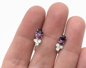 Vintage Sterling Silver & Purple Rhinestone Screw Back Stud Earrings