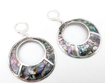 Taxco Sterling Onyx & Abalone Inlay Dangle Earrings - 2"