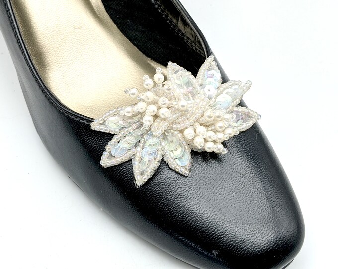 Vintage White Beaded Floral Shoe Clips Etsy