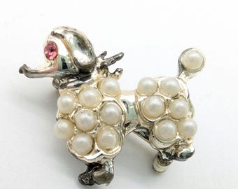 Tiny Vintage Faux Pearl & Rhinestone Poodle Brooch