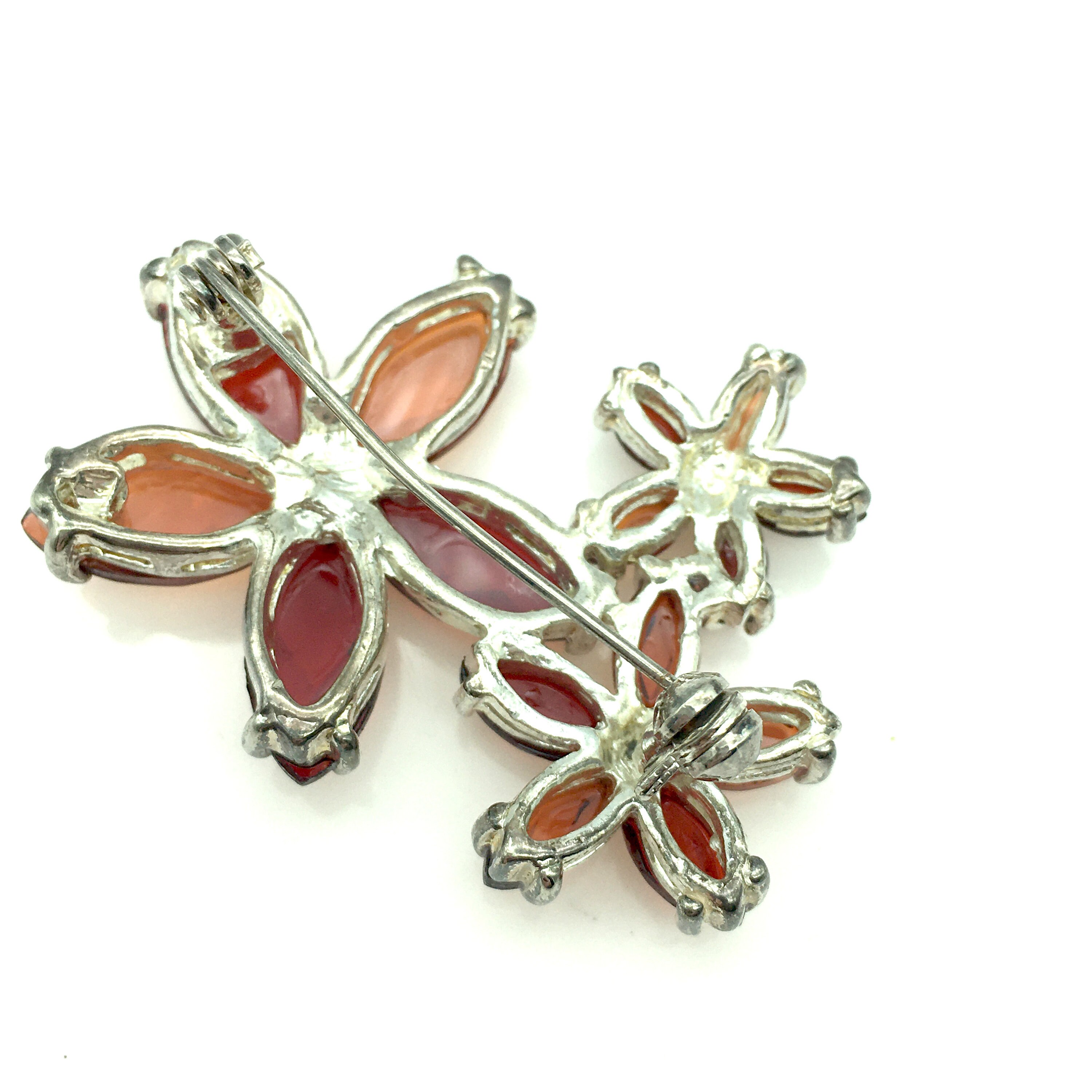 Vintage Ruby Red & Orange Faceted Glass Flower Brooch Etsy