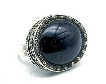 Sterling, Black Onyx & Marcasite Statement Ring - Size 7