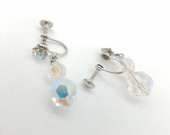 Vintage Aurora Borealis Faceted Crystal Dangle Earrings With Silver Tone Screw-Backs