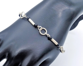 Italian Sterling Silver and Black Onyx Bead Bracelet - 7.5"