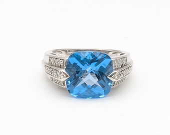 Michelle Albala Signed Sterling Silver, Blue Topaz & Diamond Ring - Size 6