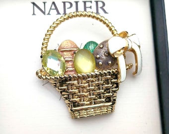 Vintage Easter Basket Brooch With Pastel Enameled Eggs Signed Napier in Original Box