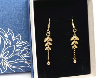 18K Gold Vermeil Sterling Silver Leaf Tassel Earrings; Long Dangle Earrings, Wheat Earrings