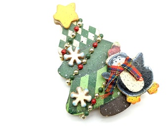 Vintage Hand Painted Christmas Tree Brooch With Penguin