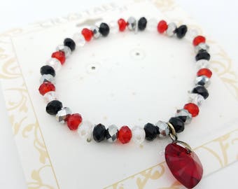 Two Vintage Patrioti Crystal Bead Stretch Bracelets - Blue, Red and Silver, Signed L&J Crystale
