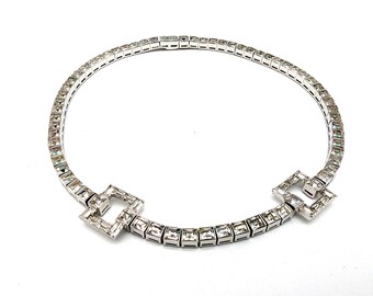 1940's Sterling Silver & Crystal Choker Necklace Signed Dorsons - 14.5"