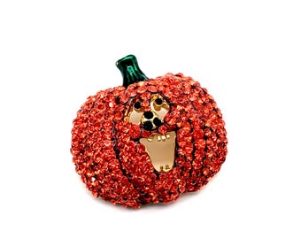 Vintage Rhinestone Encrusted Enameled Pumpkin Brooch - 1 5/8"