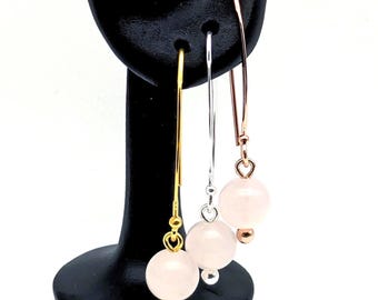 Sterling Silver Rose Quartz Bead Dangle Earrings; Rose Gold Vermeil