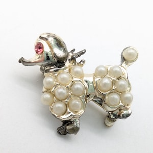 Tiny Vintage Faux Pearl & Rhinestone Poodle Brooch