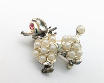 Tiny Vintage Faux Pearl & Rhinestone Poodle Brooch