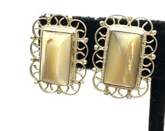Vintage Carved Agate & Sterling Silver Screw-Back Earrings