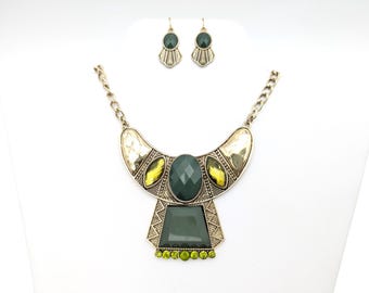 Vintage Egyptian Revival Gold Tone & Green Lucite Pendant Necklace and Earrings Set