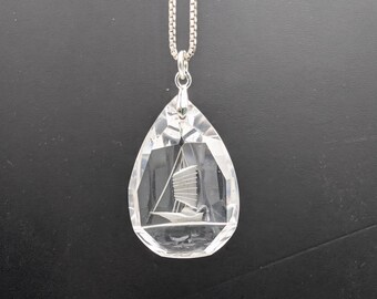 1950s Japanese Intaglio Crystal Sailboat Pendant With Sterling Silver Chain - 20"