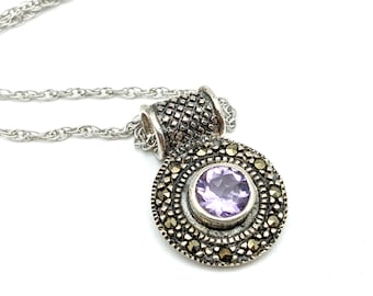 Vintage Amethyst, Marcasite & Sterling Silver Pendant Necklace - 18"