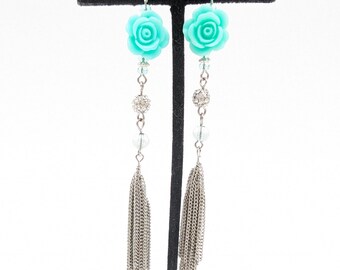 Turquoise Lucite Flower Rhinestone Silver Chain Dangle Earrings - 4.25"