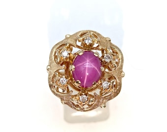 14K Gold Natural Pink Star Sapphire & Diamond Estate Ring - Size 7, Resizeable