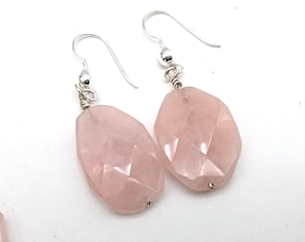 Handmade Sterling Silver & Faceted Rose Quartz Dangle Earrings