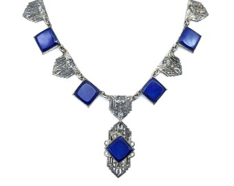 Antique Art Deco Blue Czech Glass Filigree Pendant Necklace