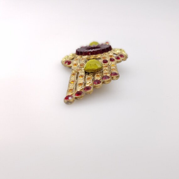 Rare Art Deco Red Glass & Gold Tone Brooch With R… - image 3