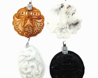 Sterling Silver & Carved Jade Dragon, Butterfly, Phoenix Pendants
