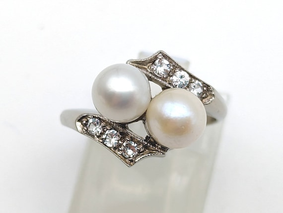 Vintage 10K White Gold Cultured Pearl and CZ Ring… - image 1