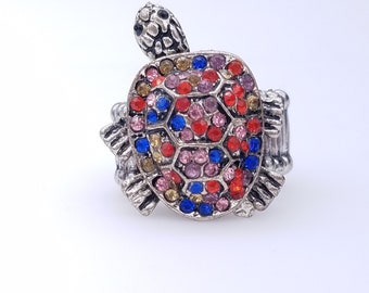 Vintage Articulated Blue, Pink & Red Rhinestone Silver Tone Turtle Stretch Ring, Adjustable Size 5-9