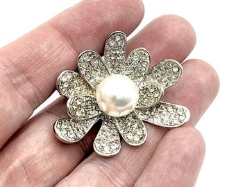 Vintage Faux Pearl & Rhinestone Silver Tone Flower Brooch - 1.75"