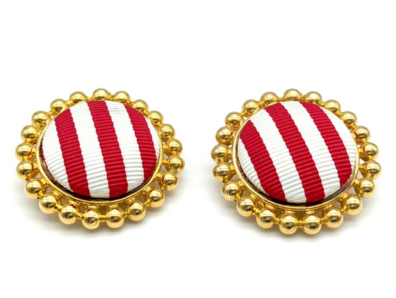 Vintage Red & White Stripped Circle Clip Earrings… - image 2