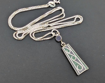 Vintage Sterling Silver & Gemstone Inlay Swirled Pendant Necklace - 22"