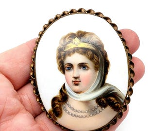 Antique Hand Painted Queen Louise of Prussia Porcelain Cameo Brooch - 2 5/8"