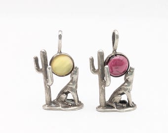 Choice of Vintage Sterling Silver Howling Wolf Cactus Southwestern Birthstone Pendants